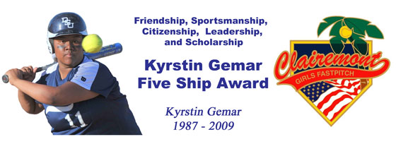 Clairemont Girls Fastpitch Kyrstin Gemar Five Ship Award